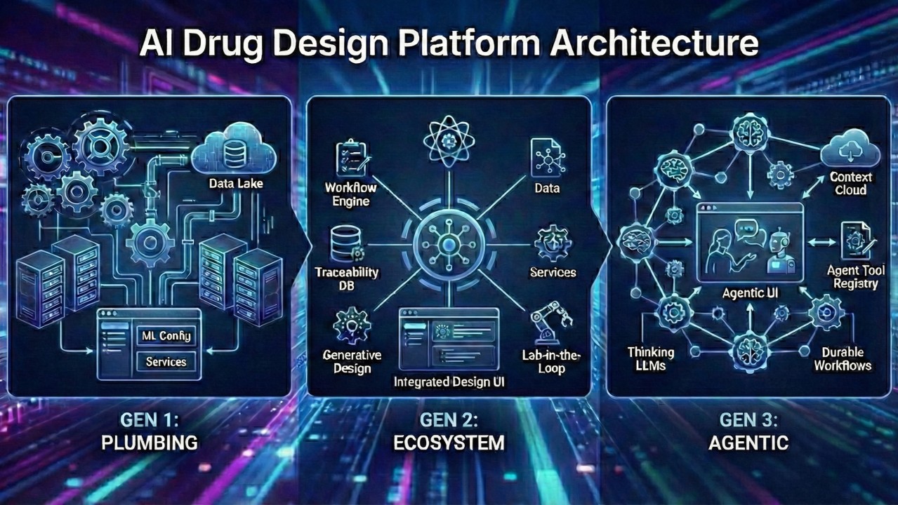 Three generations of AI drug design platform architecture: plumbing, ecosystem and agentic systems.